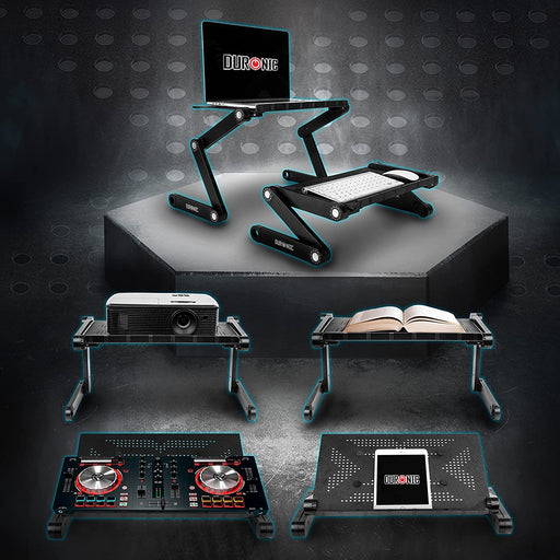 Duronic DML121 Soporte para Ordenador Portátil o Tablet Mostrando las diferentes configuraciones y usos posibles del soporte, incluyendo portátil, teclado, proyector, libro, mesa de mezclas DJ y tablet