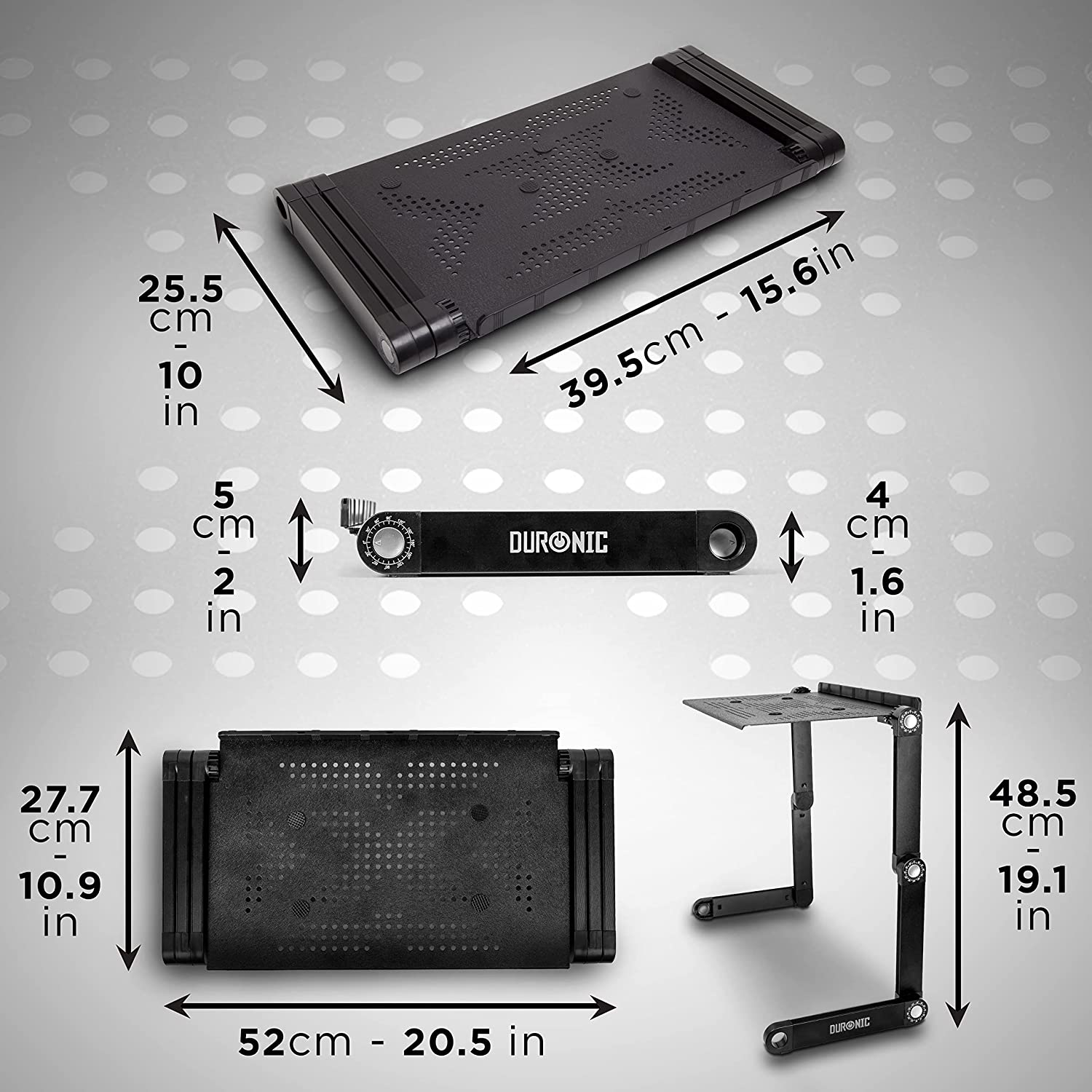 Duronic DML121 Soporte para Ordenador Portátil o Tablet Mostrando las dimensiones detalladas del soporte y sus patas articuladas en diferentes posiciones de altura y extensión