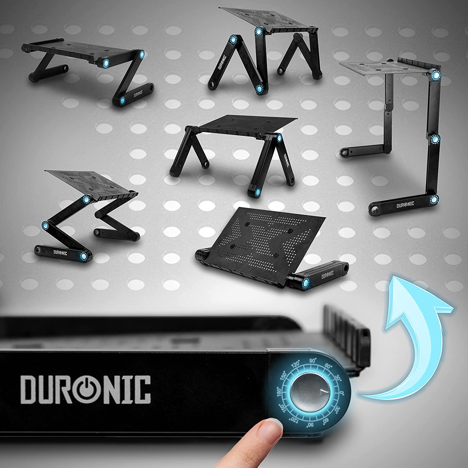 Duronic DML121 Soporte para Ordenador Portátil o Tablet Mostrando los botones de ajuste angular con marcas de grados y múltiples configuraciones geométricas del soporte