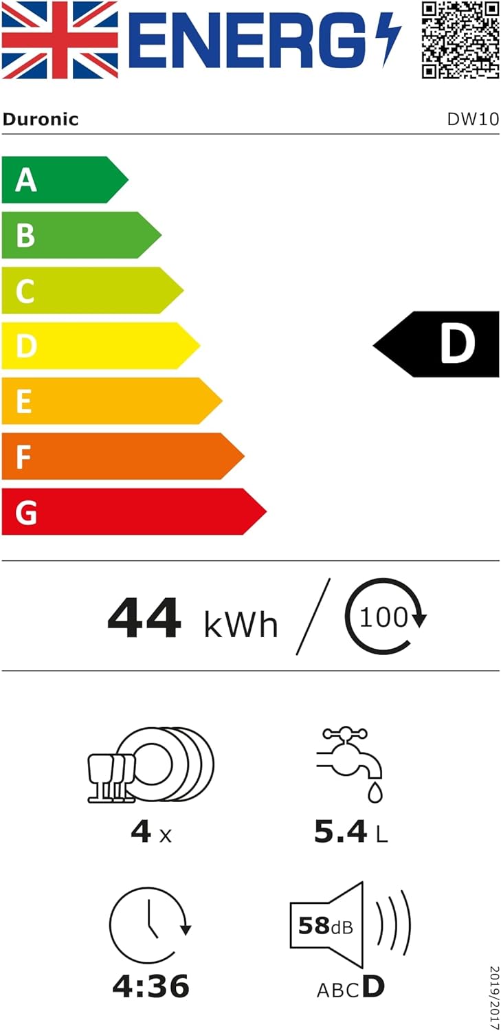 Duronic DW10 Lavavajillas de sobremesa Etiqueta Energética Europea mostrando la calificación de clase D, consumo de 44 kWh por 100 ciclos, capacidad para 4 servicios, consumo de agua de 5.4 L, duración de ciclo de 4:36 y ruido de 58 dB