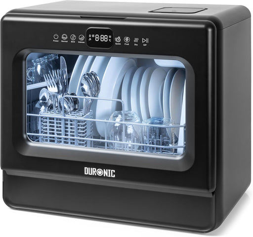 Duronic DW5 BK Lavavajillas de sobremesa Mostrando el panel de control táctil digital superior iluminado con múltiples programas de lavado y la vajilla limpia en el interior con luz azul