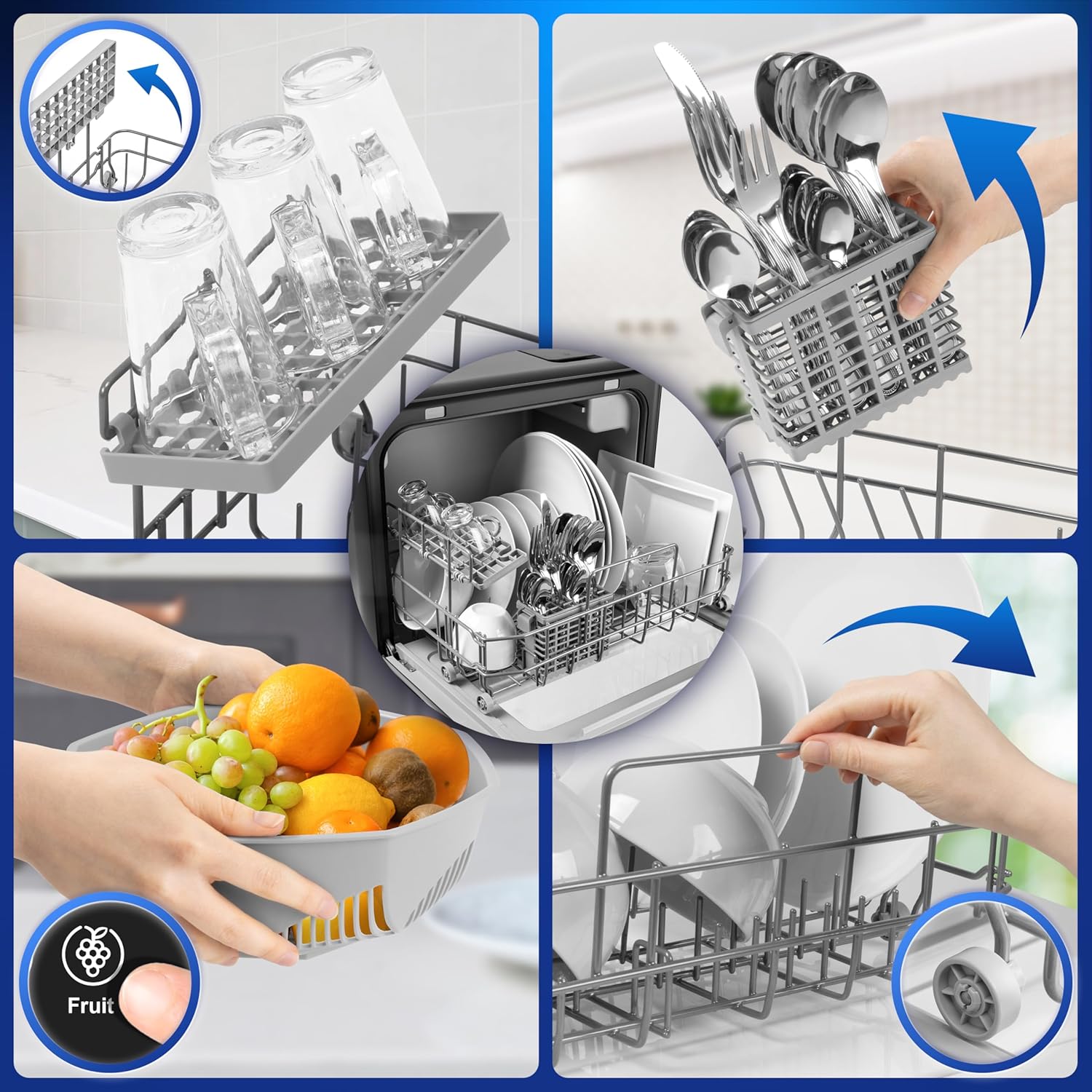 Duronic DW5 BK Lavavajillas de sobremesa Mostrando la versatilidad de carga: cesto superior para tazas, cesto para cubiertos, cesto para frutas y cesto principal para platos con ruedas