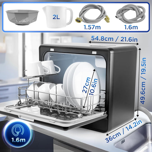 Duronic DW5 BK Lavavajillas de sobremesa Mostrando las dimensiones físicas del mini lavavajillas (42.8 x 42.5 x 45.8 cm) junto con los accesorios incluidos como el cesto, la jarra de 1.8L y las mangueras