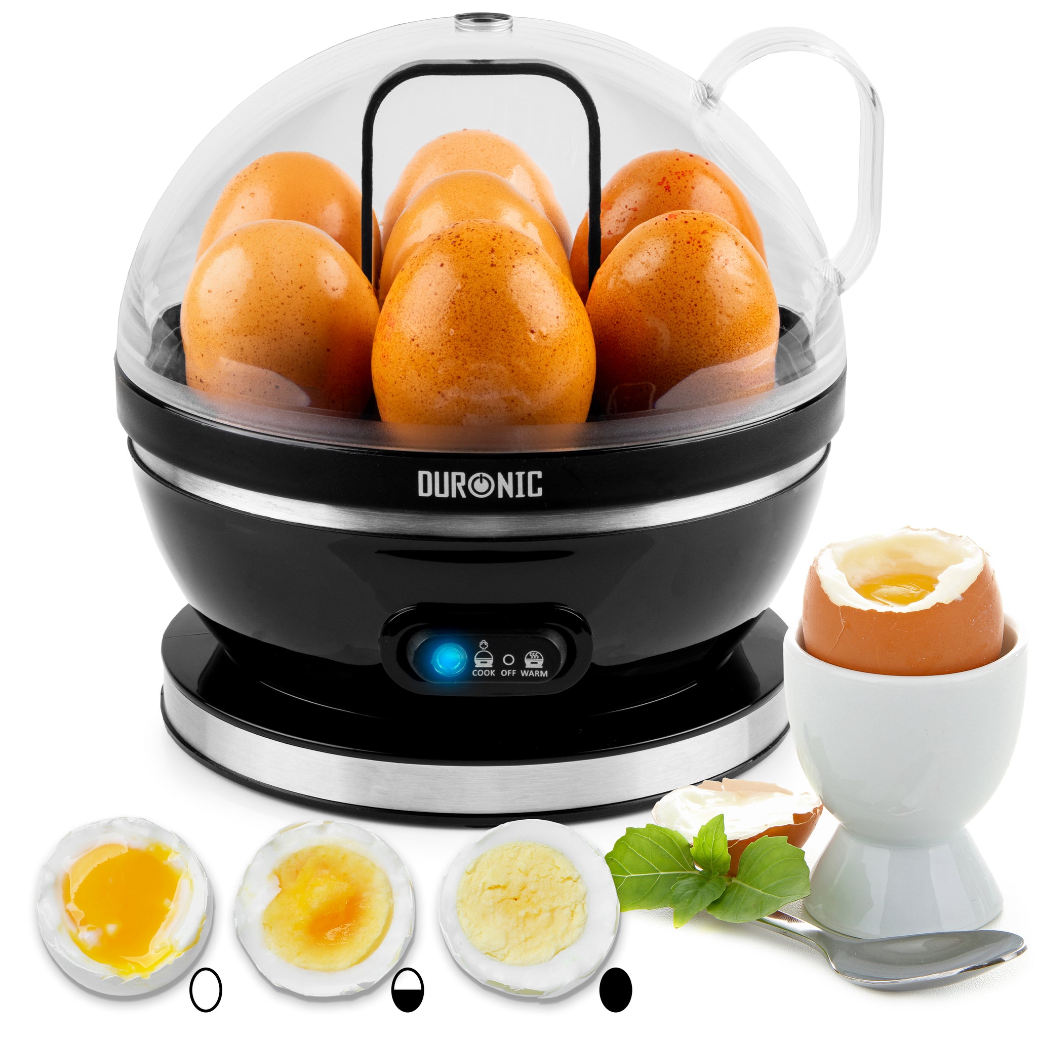 Duronic EB27 BK Hervidor de Huevos Eléctrico 400 W para 7 Huevos | Mostrando el hervidor de huevos eléctrico en color negro con capacidad para 7 huevos, tapa transparente abovedada con asa superior, panel de control frontal con botón e indicador luminoso azul, y ejemplos de cocción en la parte inferior junto a un huevo servido en huevera