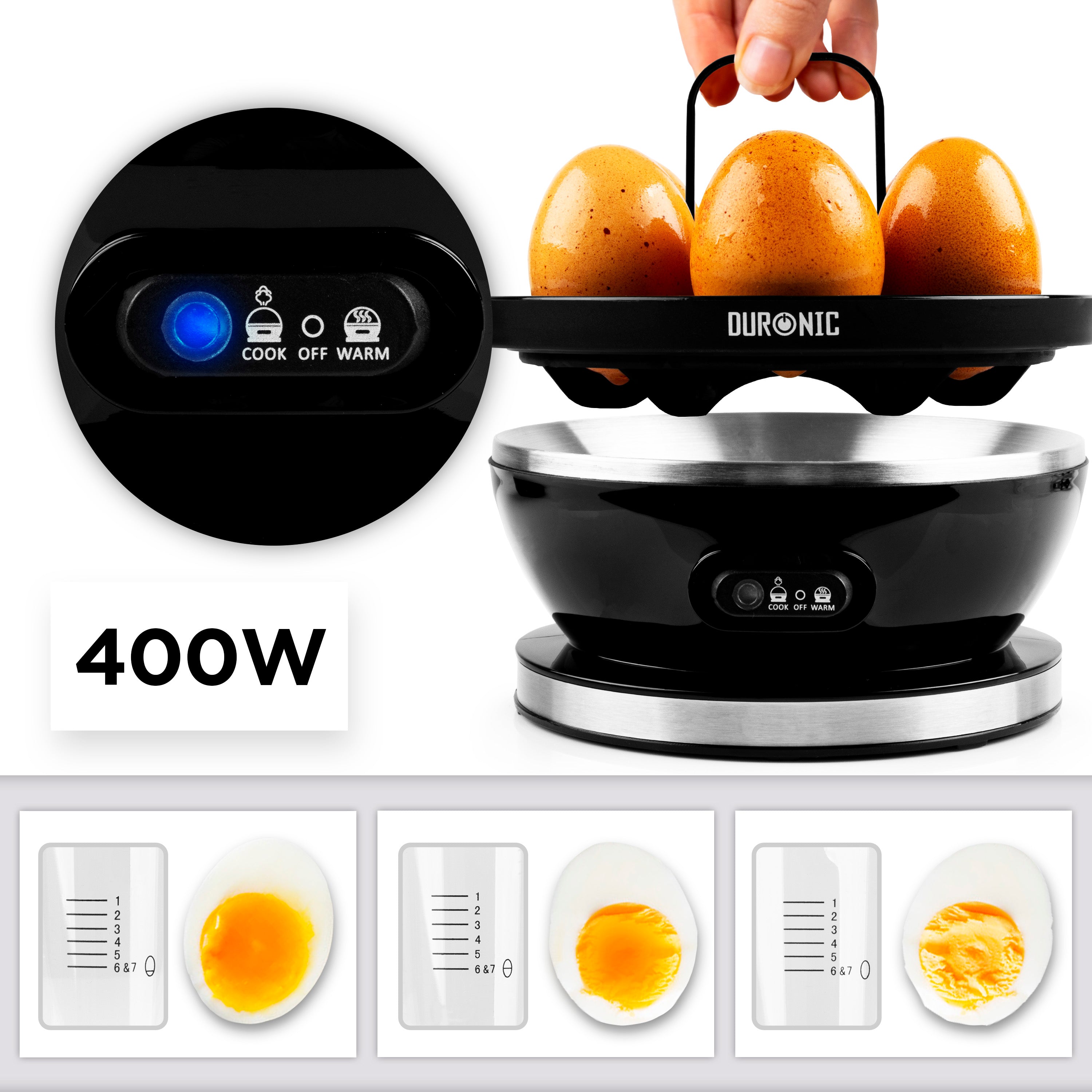Duronic EB27 BK Hervidor de Huevos Eléctrico 400 W para 7 Huevos | Mostrando el hervidor de huevos eléctrico negro con una potencia de 400W, el panel de control con interruptor de encendido (COOK, OFF, WARM) e indicador azul, la bandeja con asa y huevos sobre la base calefactora de acero inoxidable, y los tres niveles de medición de agua con sus respectivos resultados de cocción (blando, medio y duro)