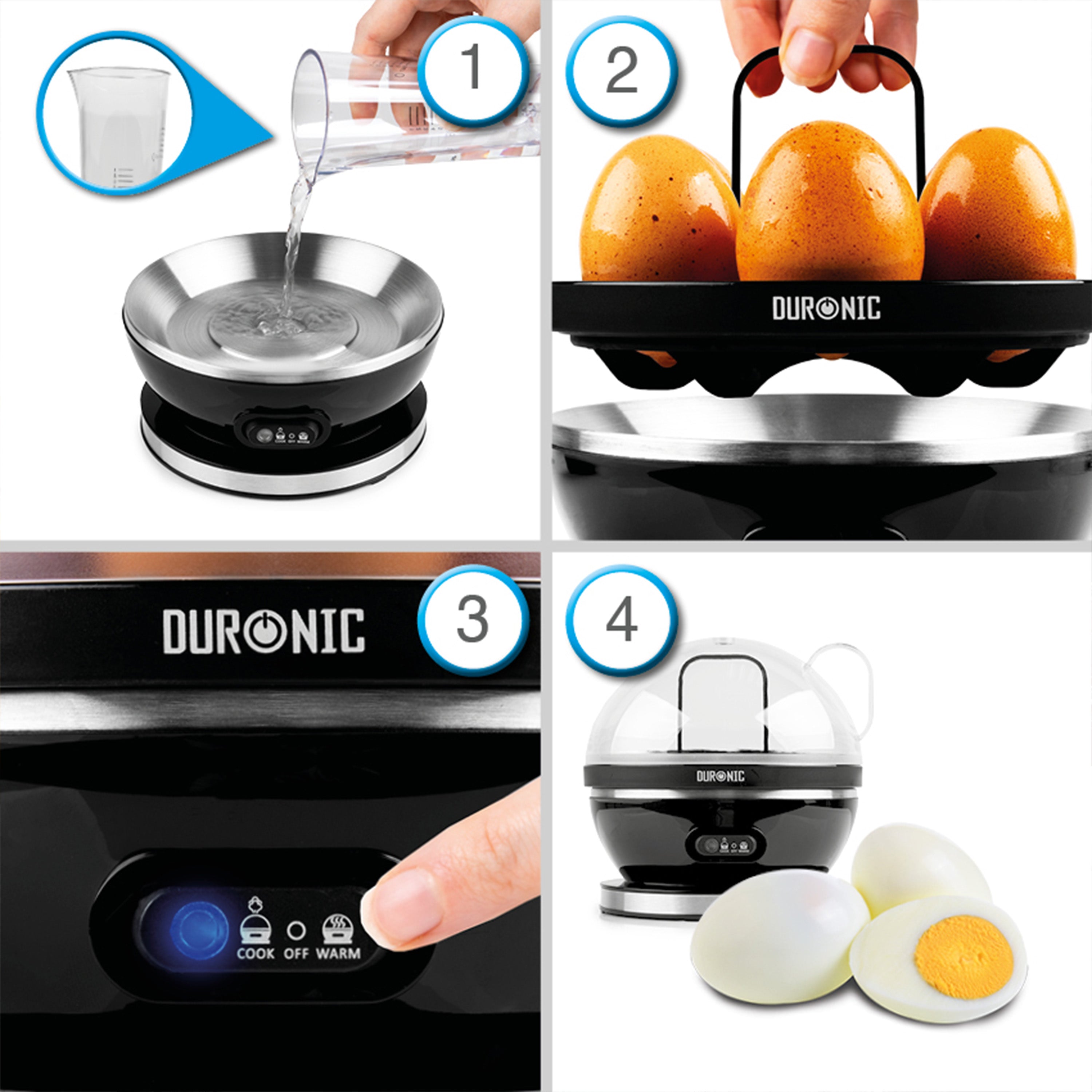 Duronic EB27 BK Hervidor de Huevos Eléctrico 400 W para 7 Huevos | Mostrando una guía ilustrada de 4 pasos para el uso del hervidor de huevos: verter el agua en la base calefactora usando la taza medidora (1), colocar la bandeja con los huevos sobre la base (2), encender el aparato mediante el botón del panel frontal con indicador azul (3), y cubrir con la tapa transparente para obtener los huevos cocidos listos para servir (4)