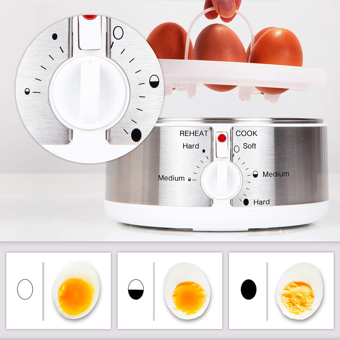 Duronic EB35 WE Hervidor para huevos eléctrico | Mostrando el hervidor eléctrico con base blanca y cuerpo de acero inoxidable, con un detalle en círculo superior que amplía el selector de control giratorio, la bandeja con asa levantada llena de huevos, y tres paneles inferiores que ilustran los diferentes puntos de cocción (blando, medio y duro)