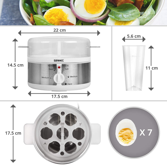 Duronic EB35 WE Hervidor para huevos eléctrico | Mostrando un diagrama técnico de dimensiones del hervidor de huevos, indicando un ancho de 22 cm con asas, diámetro de base de 17.5 cm, altura total de 14.5 cm, profundidad de 17.5 cm, junto con las medidas de la taza medidora (11 cm de alto x 5.6 cm de ancho) y la capacidad para cocinar hasta 7 huevos simultáneamente
