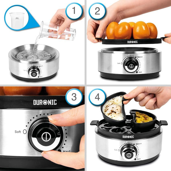 Duronic EB40 BK Hervidor de huevos Guía de uso en cuatro pasos: 1) Verter agua, 2) Colocar los huevos, 3) Girar el dial de temperatura y 4) Usar los accesorios para escalfar