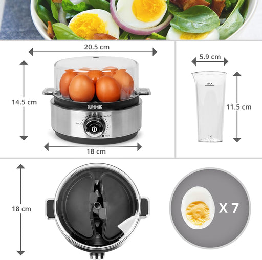 Duronic EB40 BK Hervidor de huevos Ilustrando las dimensiones del aparato (18 cm de base y 14.5 cm de alto) junto con el vaso medidor y la capacidad para 7 huevos