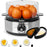 Duronic EB40 BK Hervidor de huevos Mostrando el hervidor eléctrico con una tapa transparente que cubre siete huevos en su bandeja y dos moldes para escalfar al lado