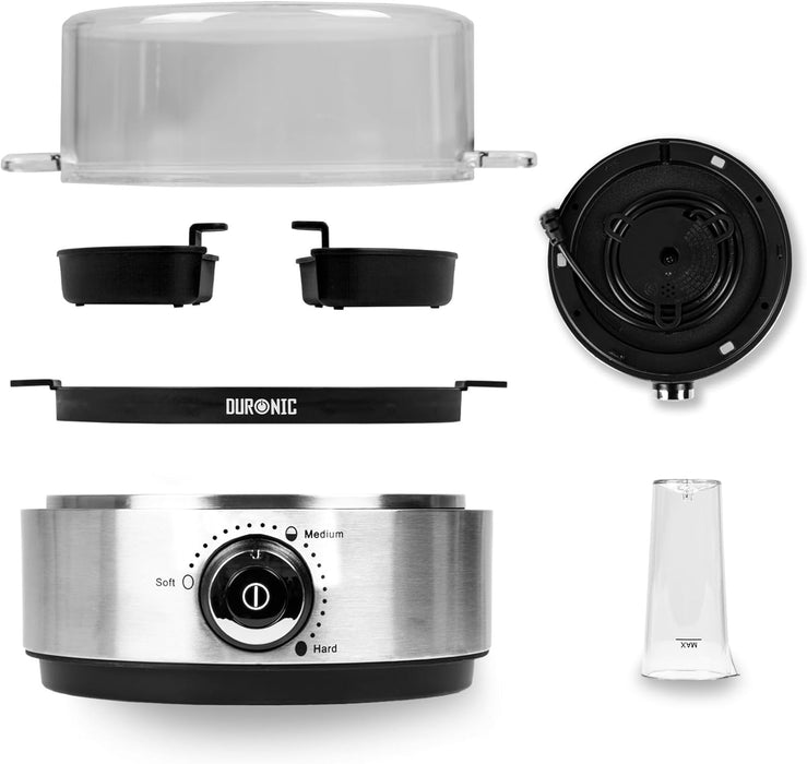 Duronic EB40 BK Hervidor de huevos Mostrando la vista de despiece explosionado con todos los componentes separados: base con cable recogido, bandeja para huevos, moldes para escalfar, tapa transparente y vaso medidor