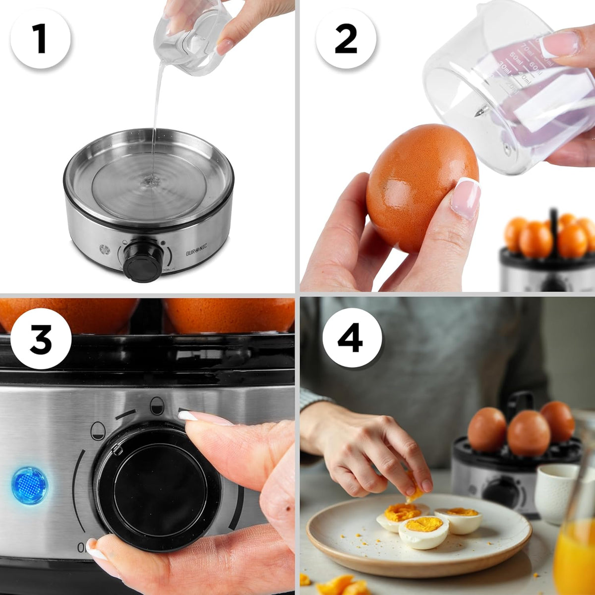 Duronic EB50 BK Hervidor de Huevos Eléctrico 400 W para 7 Huevos | Mostrando una guía ilustrada de 4 pasos para su uso: verter el agua en la base de cocción (1), pinchar el huevo con la aguja integrada en la base de la taza medidora (2), configurar el tiempo de cocción con la perilla frontal y el indicador luminoso (3), y retirar los huevos ya listos para disfrutar (4)