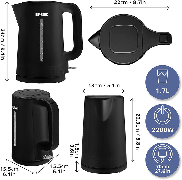 Duronic EK17 BK Hervidor de Agua Eléctrico 2200 W, 1,7 L, Compacto sin BPA | Mostrando el diagrama técnico de dimensiones del hervidor eléctrico negro, detallando sus medidas principales (como la altura de 24 cm / 9.4 in, ancho de 22 cm / 8.7 in y base de 15.5 cm / 6.1 in), capacidad de 1.7L, potencia de 2200W y longitud de cable de 70 cm / 27.6 in