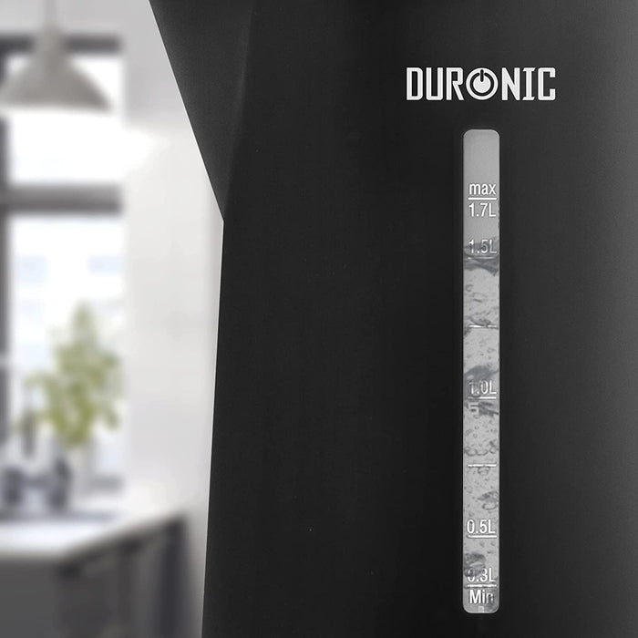 Duronic EK17 BK Hervidor de Agua Eléctrico 2200 W, 1,7 L, Compacto sin BPA | Mostrando un primer plano del indicador transparente de nivel de agua del hervidor eléctrico negro, con marcas graduadas que van desde el mínimo de 0.3L hasta el máximo de 1.7L