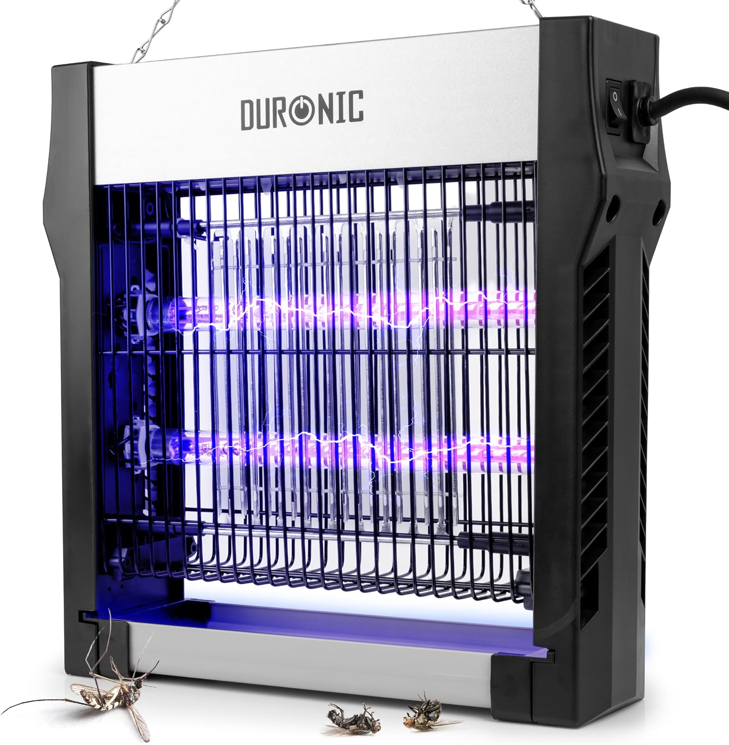Duronic FK2X4 Lámpara Mata Insectos , se ve la lampara prendida y 3 mosquitos muertos en el piso debido a ella.