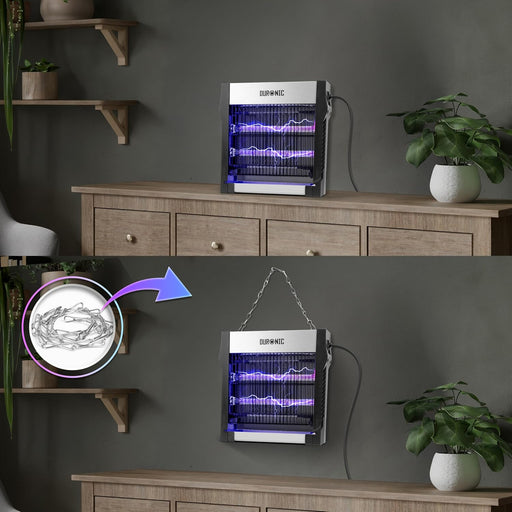 Duronic FK2X4 Lámpara Mata Insectos se ven dos imagenes, en una la lampara reposa sobre un repisa y en la otra se ve la lampara colgada usando su accesorio Cadena para Colgar