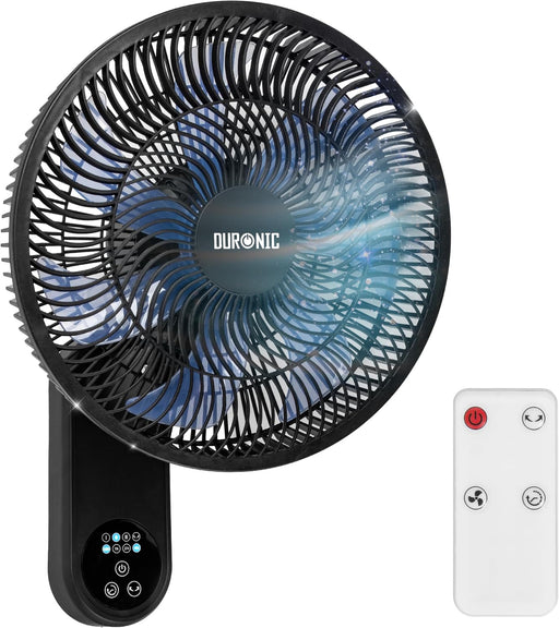 Duronic FN12 BK, ventilador de pared de 12 pulgadas, mostrado con las aspas girando en marcha y su mando a distancia incluido al lado