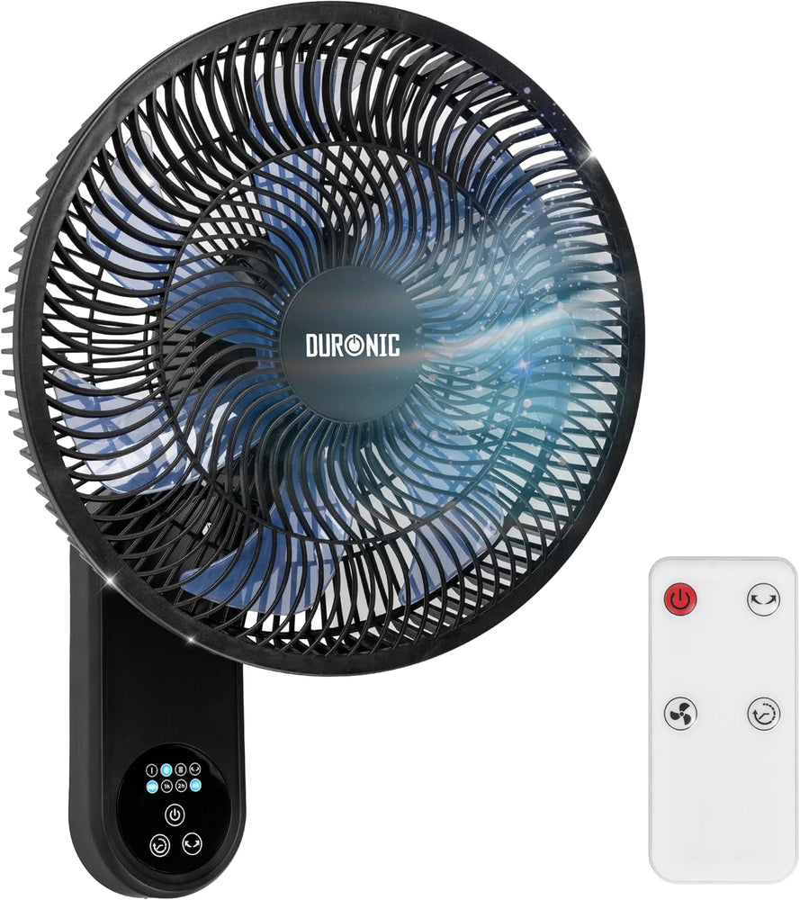 Duronic FN12 BK, ventilador de pared de 12 pulgadas, mostrado con las aspas girando en marcha y su mando a distancia incluido al lado