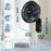 Duronic FN12 BK, ventilador de pared de 12 pulgadas, mostrando sus dimensiones (48 cm de alto, 27 cm de ancho, 27,2 cm de profundidad), peso de 2 kg, cable de 120 cm y diámetro de aspas de 34 cm, junto con el mando a distancia y los accesorios de montaje incluidos (tacos, tornillos y soporte de pared)