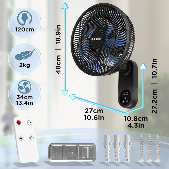 Duronic FN12 BK, ventilador de pared de 12 pulgadas, mostrando sus dimensiones (48 cm de alto, 27 cm de ancho, 27,2 cm de profundidad), peso de 2 kg, cable de 120 cm y diámetro de aspas de 34 cm, junto con el mando a distancia y los accesorios de montaje incluidos (tacos, tornillos y soporte de pared)