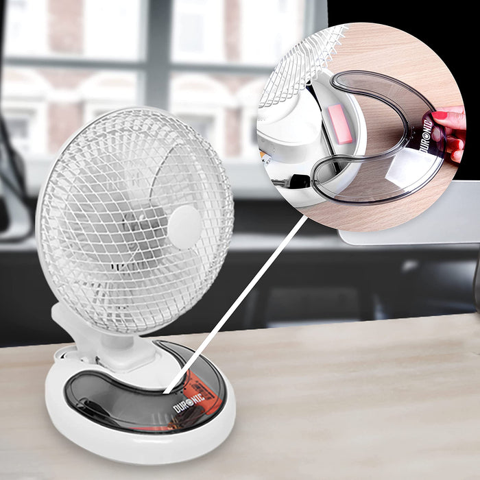 Duronic FN15 Ventilador de sobremesa 15W | Mostrando el ventilador blanco colocado sobre su base circular de apoyo, con un detalle circular superior que destaca el compartimento de almacenamiento integrado para objetos pequeños con cubierta transparente