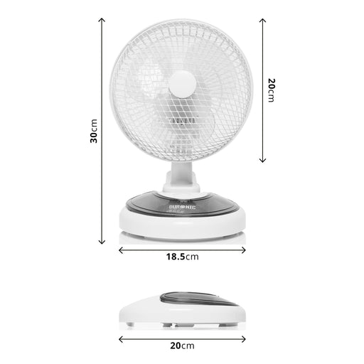 Duronic FN15 Ventilador de sobremesa 15W | Mostrando un diagrama con las dimensiones del ventilador blanco, indicando una altura total de 30 cm, un diámetro de rejilla de 20 cm, un ancho de base de 18.5 cm y una profundidad de base de 20 cm
