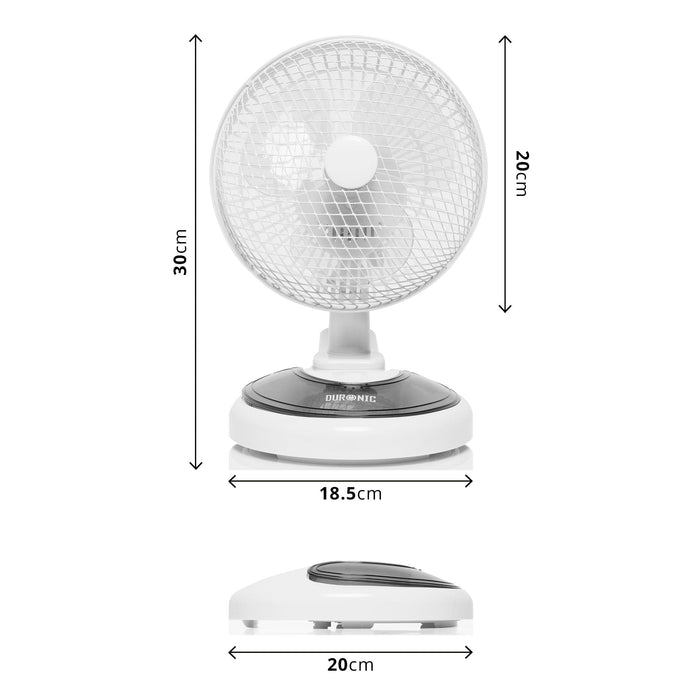 Duronic FN15 Ventilador de sobremesa 15W | Mostrando un diagrama con las dimensiones del ventilador blanco, indicando una altura total de 30 cm, un diámetro de rejilla de 20 cm, un ancho de base de 18.5 cm y una profundidad de base de 20 cm
