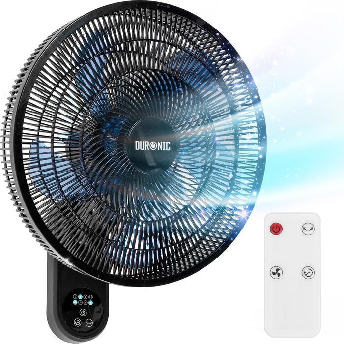 Duronic FN42 BK - Ventilador de pared de 16 pulgadas con oscilación, mostrado con las aspas girando en marcha y su mando a distancia incluido al lado.