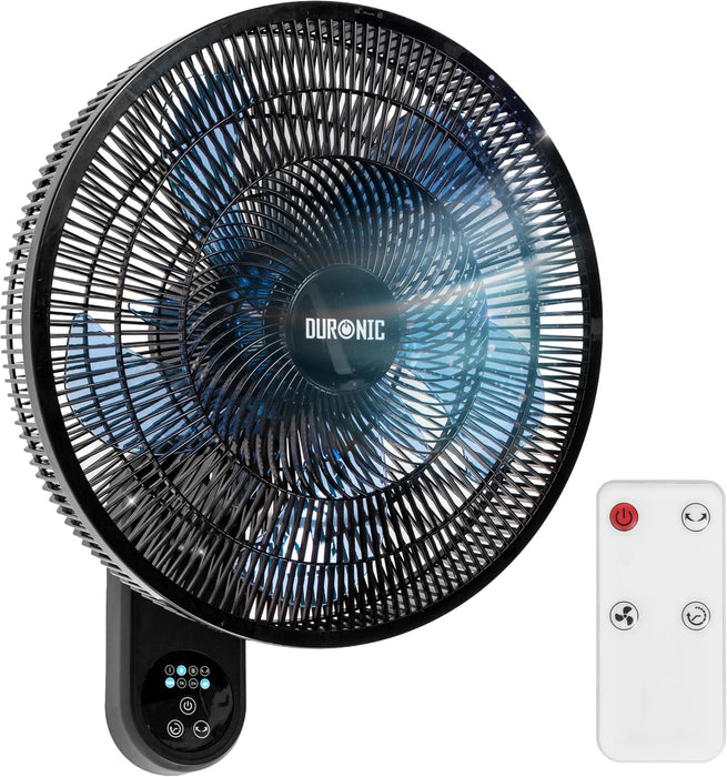 Duronic FN42 BK - Ventilador de pared de 16 pulgadas con oscilación, mostrado con las aspas girando en marcha y su mando a distancia incluido al lado.