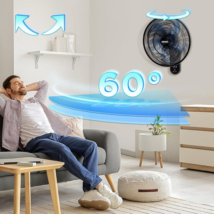 Duronic FN42 BK, ventilador de pared de 16 pulgadas, instalado en una sala de estar con gráfico de oscilación de 60°, mientras un hombre relajado descansa en un sofá recibiendo el flujo de aire.