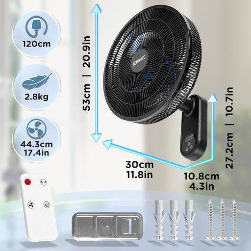Duronic FN42 BK, ventilador de pared de 16 pulgadas, mostrando sus dimensiones (53 cm de alto, 30 cm de ancho, 27,2 cm de profundidad), peso de 2,8 kg, cable de 120 cm y diámetro de aspas de 44,3 cm, junto con el mando a distancia y los accesorios de montaje incluidos (tacos, tornillos y soporte de pared)