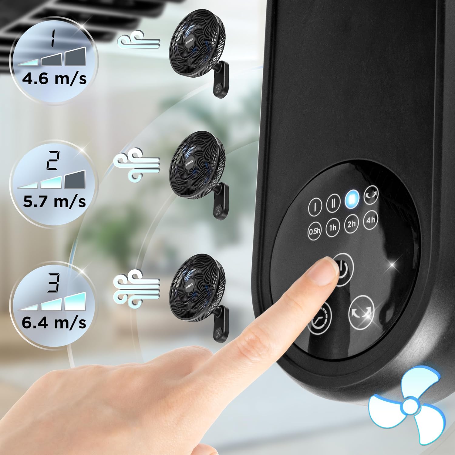 Duronic FN42 BK, ventilador de pared de 16 pulgadas, mostrando un dedo pulsando el botón de encendido en el panel de control táctil con temporizador (0,5h a 4h), y las 3 velocidades disponibles (4,6 m/s, 5,7 m/s y 6,4 m/s) representadas junto a ilustraciones del ventilador.