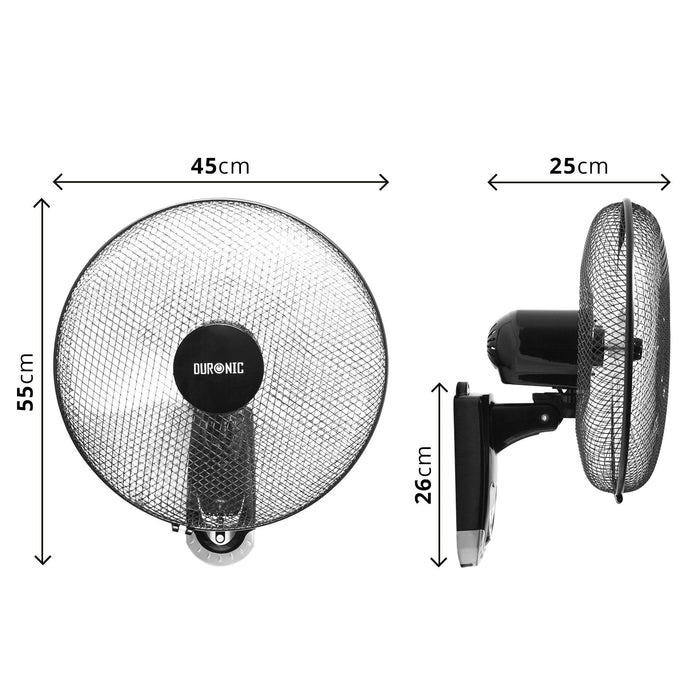 Duronic FN55 Ventilador de pared Ilustrando las dimensiones físicas del ventilador de pared, con 45 cm de diámetro de rejilla, 55 cm de alto total, 25 cm de profundidad y un soporte de pared de 26 cm