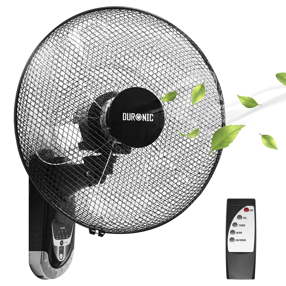 Duronic FN55 Ventilador de pared Mostrando el ventilador de pared negro con rejilla metálica y su mando a distancia inalámbrico con botones de control