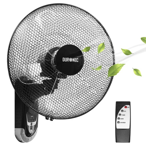 Duronic FN55 Ventilador de pared Mostrando el ventilador de pared negro con rejilla metálica y su mando a distancia inalámbrico con botones de control