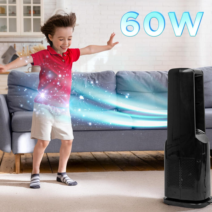 Duronic FN72 BK, ventilador de torre sin aspas de 60W, en un salón enviando una corriente de aire hacia un niño que juega y disfruta de la brisa