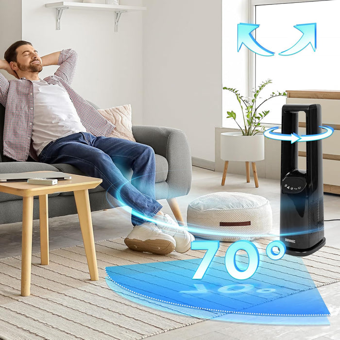 Duronic FN72 BK, ventilador de torre sin aspas, instalado en una sala de estar con gráfico de oscilación de 70°, mientras un hombre relajado descansa en un sofá recibiendo el flujo de aire