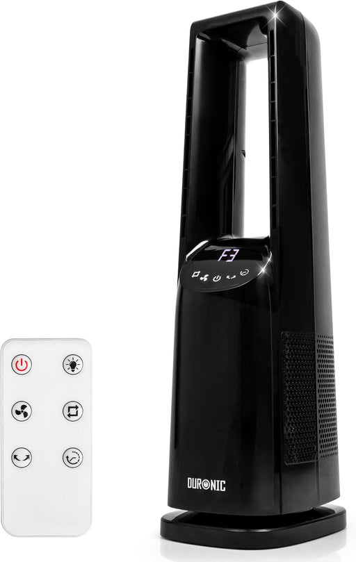 Duronic FN72 BK, ventilador de torre sin aspas, mostrado en funcionamiento con pantalla digital "F3" encendida y su mando a distancia incluido al lado