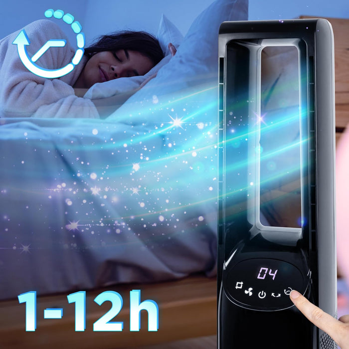 Duronic FN72 BK, ventilador de torre sin aspas, mostrando pantalla digital "04" y un dedo pulsando el botón de temporizador (1 a 12 horas), mientras una mujer duerme plácidamente en una cama