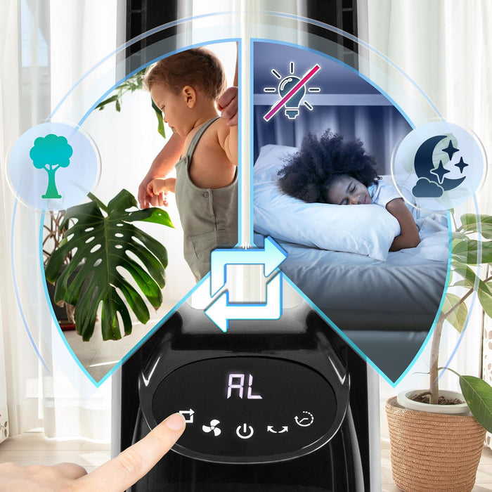 Duronic FN72 BK, ventilador de torre sin aspas, mostrando pantalla digital "AL" y un dedo pulsando el panel de control, ilustrando su diseño seguro para niños y su modo noche silencioso para dormir sin luz