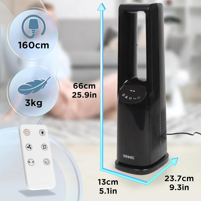Duronic FN72 BK, ventilador de torre sin aspas, mostrando sus dimensiones (66 cm de alto, 13 cm de ancho, 23,7 cm de profundidad), peso de 3 kg y cable de 160 cm, junto con el mando a distancia incluido