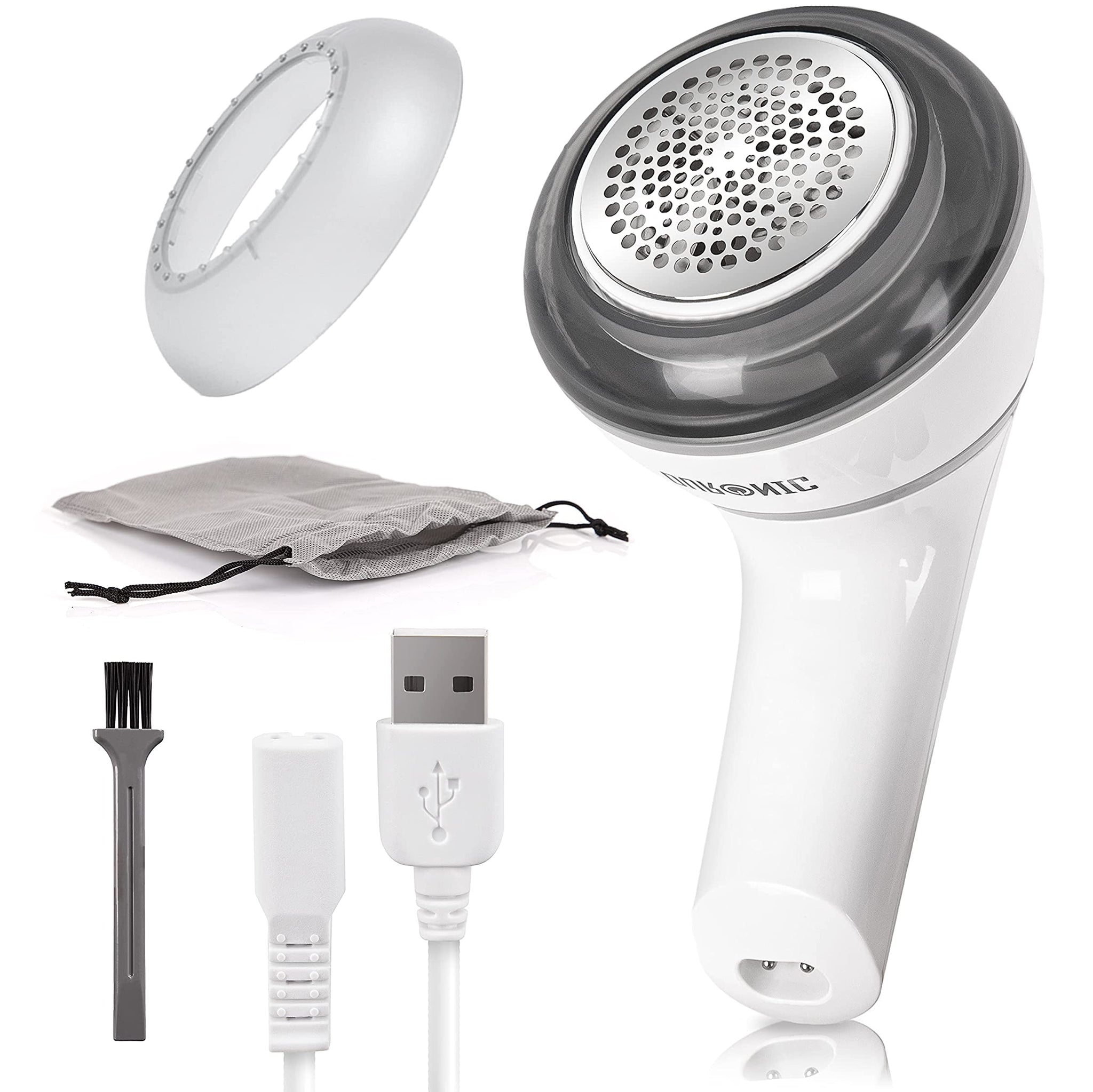Duronic FS16USB Quitapelusas Eléctrico, 6 Cuchilas Acero Inoxidable | Mostrando el quitapelusas eléctrico inalámbrico de color blanco, acompañado de sus accesorios incluidos: un cable de carga USB, un cepillo de limpieza pequeño, una bolsa de transporte y un cabezal protector adicional