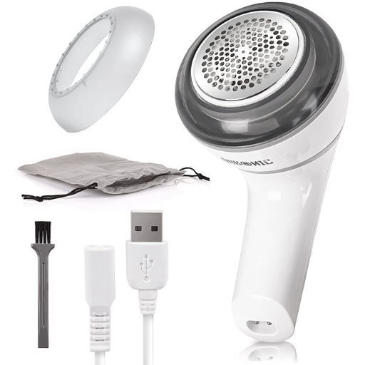 Duronic FS16USB Quitapelusas Eléctrico, 6 Cuchilas Acero Inoxidable | Mostrando el quitapelusas eléctrico inalámbrico de color blanco, acompañado de sus accesorios incluidos: un cable de carga USB, un cepillo de limpieza pequeño, una bolsa de transporte y un cabezal protector adicional