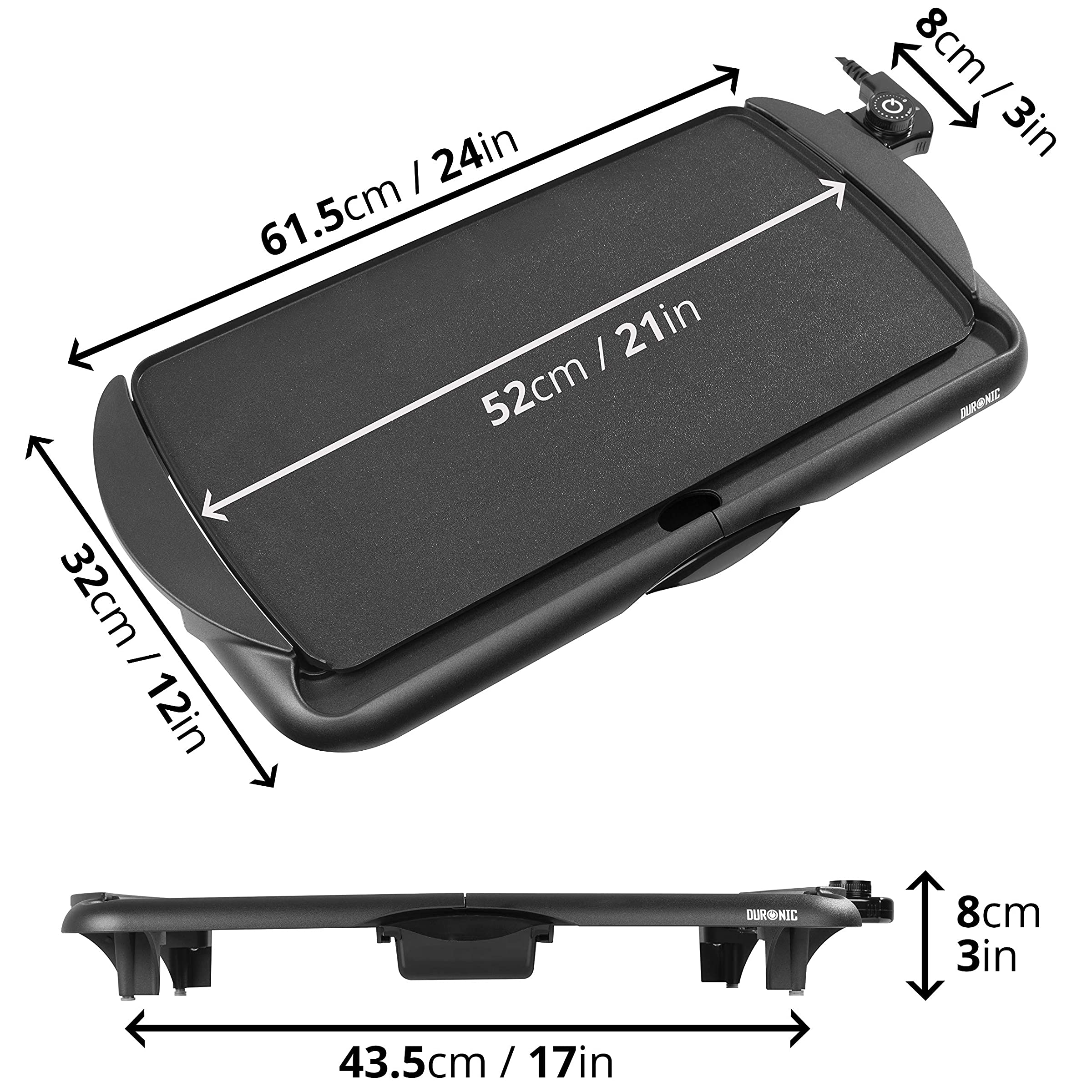 Duronic GP20 Plancha Eléctrica Grill Detallando las dimensiones físicas de la plancha, con una superficie de cocción de 52 x 27 cm y unas medidas totales de 61.5 cm de largo por 32 cm de ancho