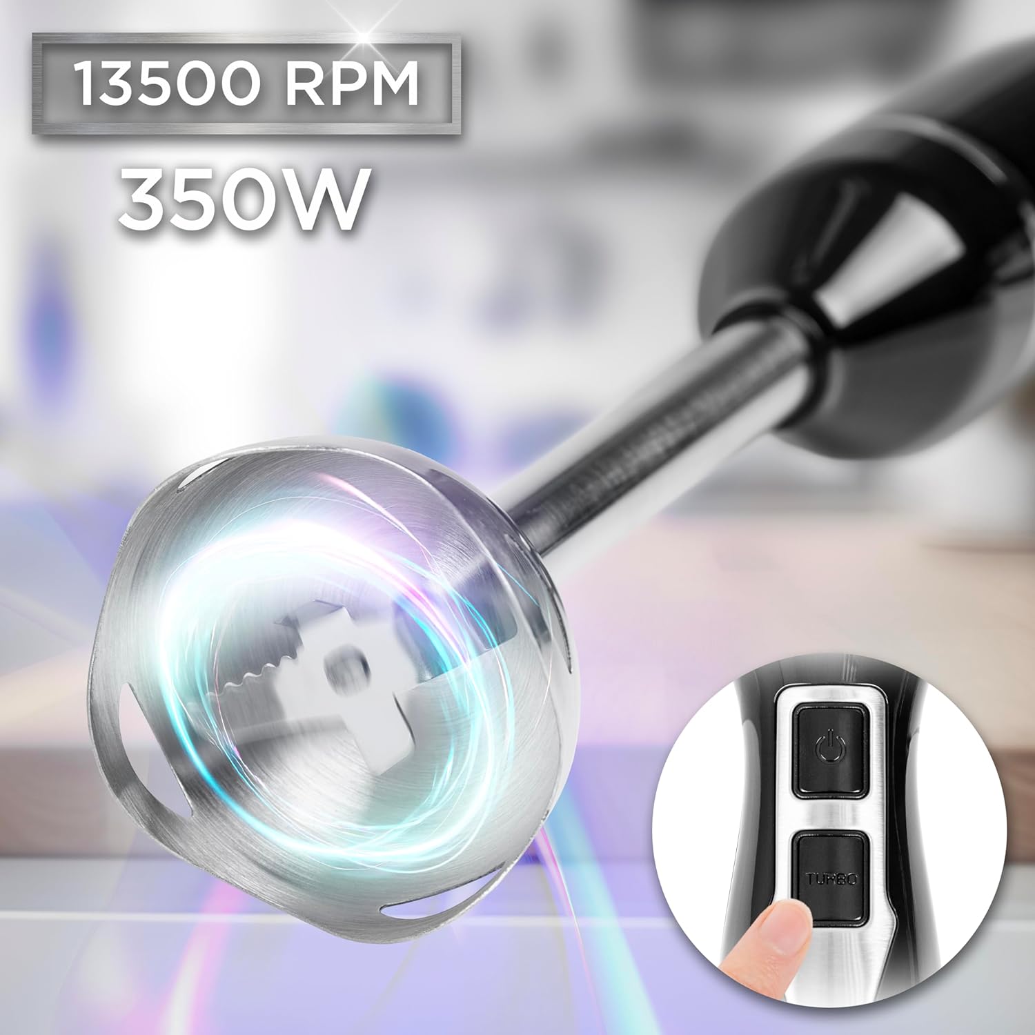 Duronic HB35B Batidora de Mano 350 W, 2 Velocidades, Ligera y Ergonómica Mostrando las especificaciones técnicas principales de la batidora de mano: una potencia de 350 W y una velocidad de hasta 13500 RPM, detallando la cuchilla de acero inoxidable y los botones de control (encendido y modo TURBO)