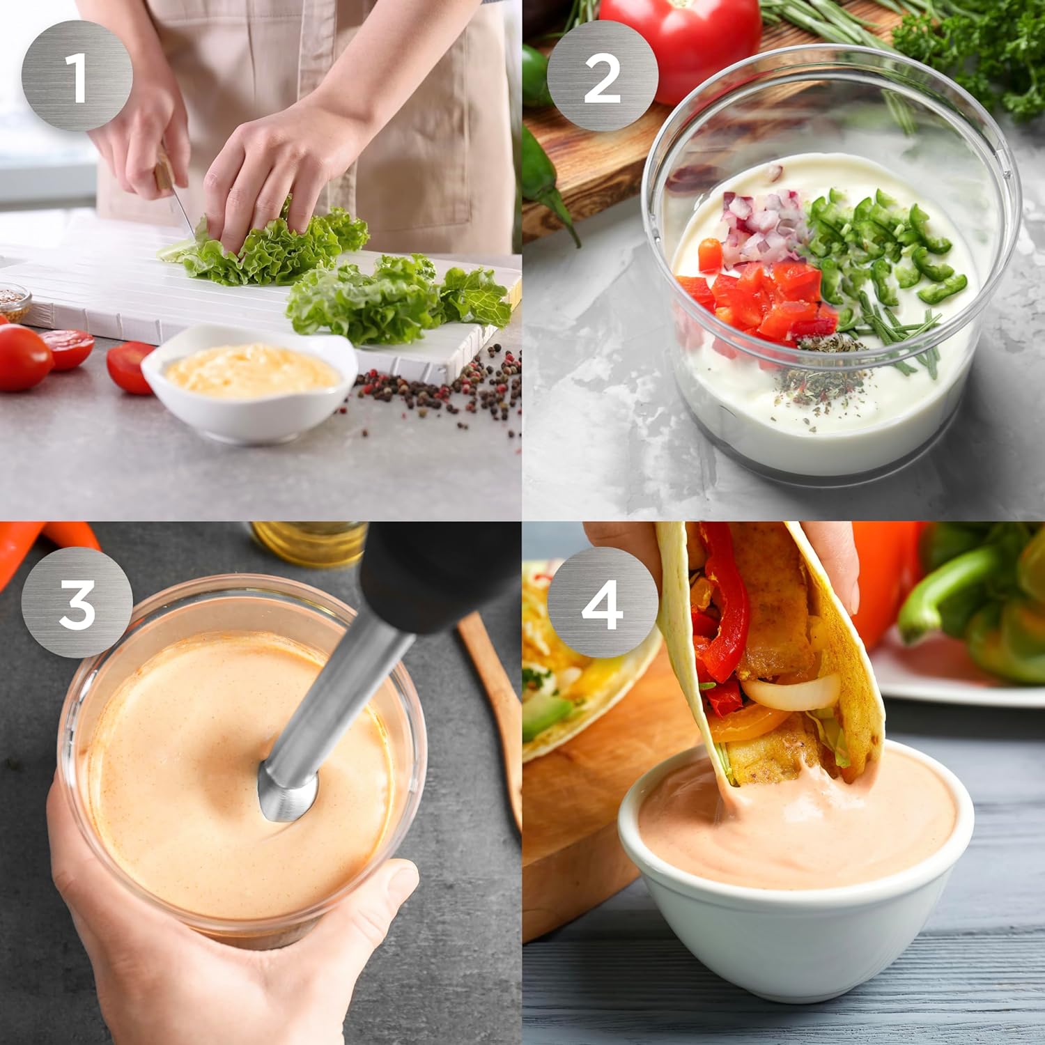 Duronic HB35B Batidora de Mano 350 W, 2 Velocidades, Ligera y Ergonómica Mostrando un proceso paso a paso para preparar una salsa: el paso 1 muestra la preparación de ingredientes frescos, el paso 2 muestra los ingredientes combinados en un recipiente con base cremosa, el paso 3 muestra el uso de la batidora de mano para mezclar la salsa, y el paso 4 muestra un taco siendo sumergido en la salsa ya terminada