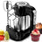 Duronic HM3 Batidora Amasadora Eléctrica Mostrando la batidora de repostería con acabado en negro y acero inoxidable, junto con sus accesorios de varillas y ganchos amasadores acoplados en su base de almacenamiento, acompañada de macarons y cupcakes