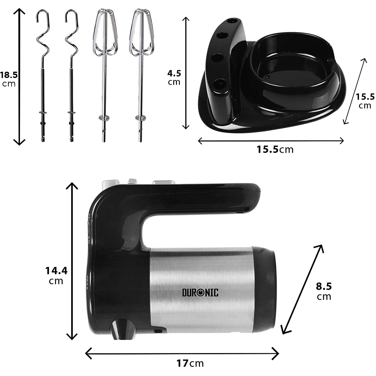 Duronic HM3 Batidora Amasadora Eléctrica Mostrando las dimensiones detalladas de la batidora (17 cm de largo, 14.4 cm de alto y 8.5 cm de ancho), los accesorios de varillas y ganchos (18.5 cm de alto) y la base de almacenamiento (15.5 cm de ancho por 15.5 cm de profundidad)