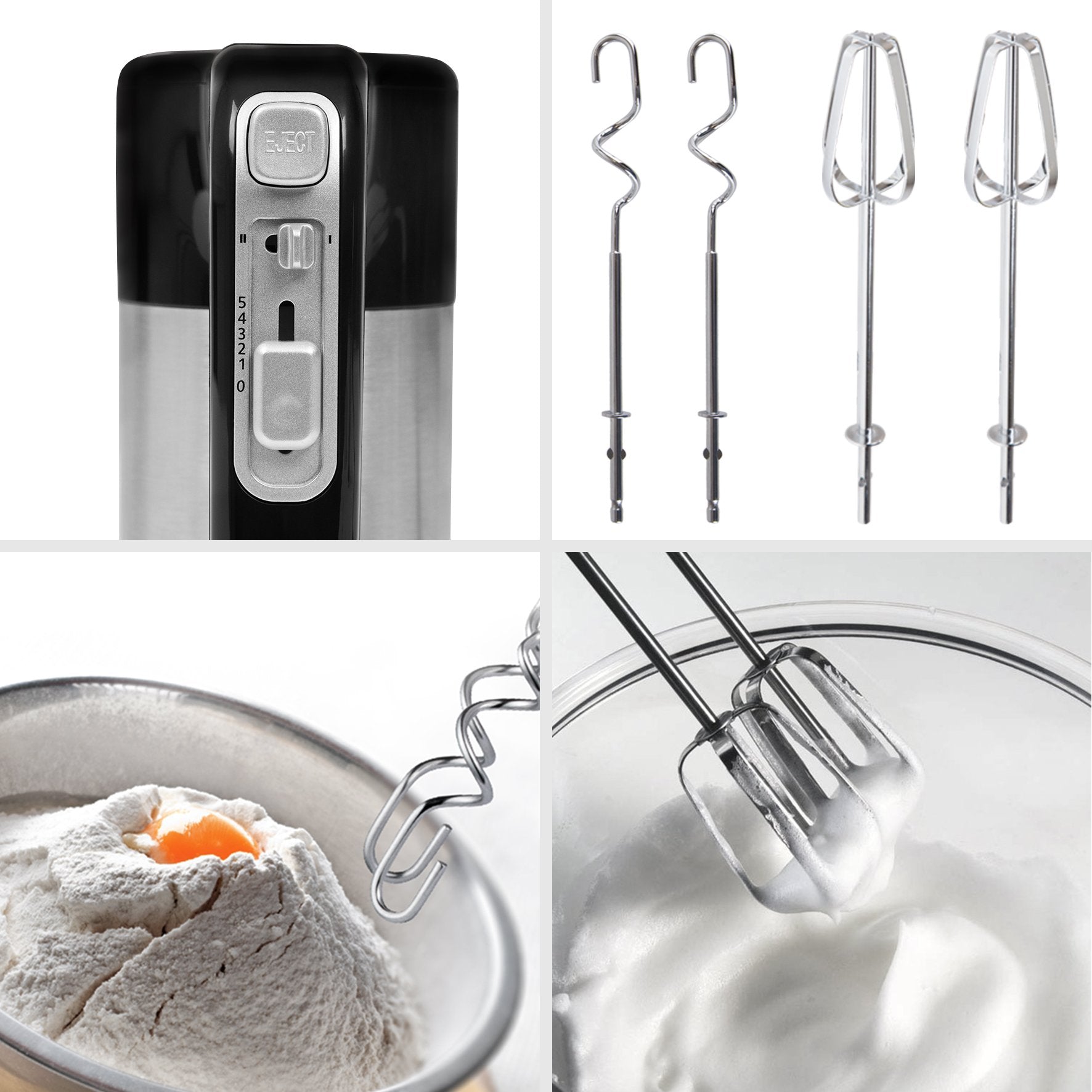 Duronic HM3 Batidora Amasadora Eléctrica Mostrando los controles superiores de la batidora, los ganchos amasadores y las varillas batidoras por separado, junto con su uso práctico para amasar ingredientes en un bol y batir claras a punto de nieve
